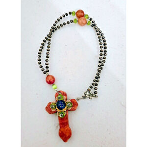 Handmade gemstone cross with Czech glass necklace Boho